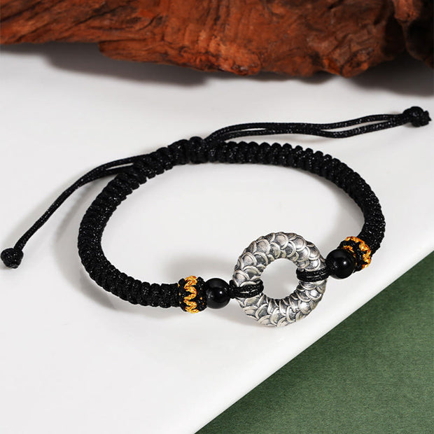 Buddha Stones Handmade Black Onyx 999 Sterling Silver Peace Buckle Dragon Black String Luck Braided Bracelet