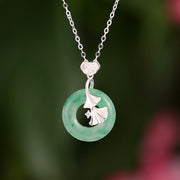 Buddha Stones 925 Sterling Silver Jade Ginkgo Peace Buckle Ruyi Lock Prosperity Necklace Pendant