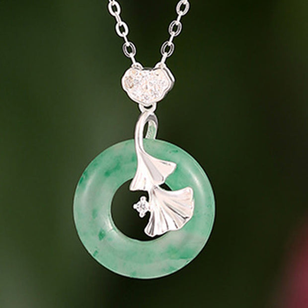 Buddha Stones 925 Sterling Silver Jade Ginkgo Peace Buckle Ruyi Lock Prosperity Necklace Pendant