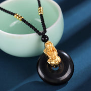 Buddha Stones  Black Onyx White Agate Peace Buckle 999 Sterling Silver Gold PiXiu Fortune Necklace Pendant Necklaces & Pendants BS Black Onyx 999 Sterling Silver Gold PiXiu(Length: About 36cm)