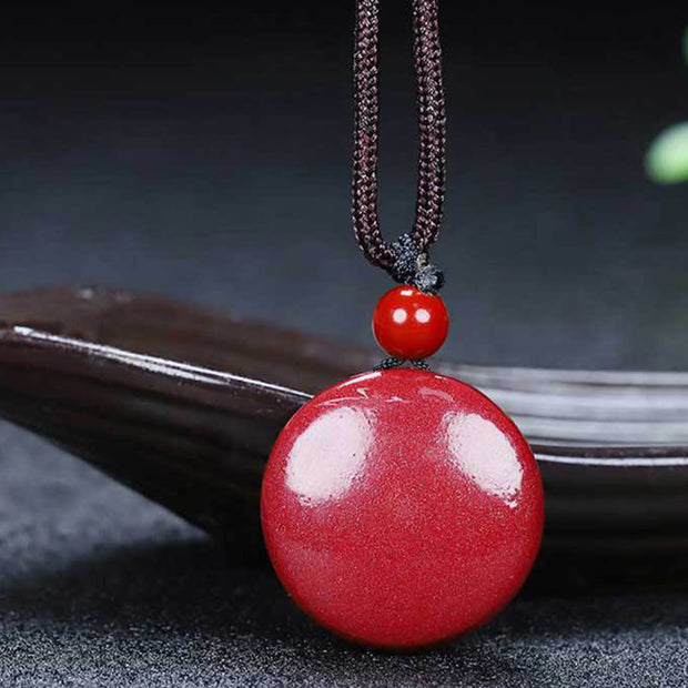 Buddha Stones Natural Cinnabar Bagua Design Braided String Blessing Necklace Pendant