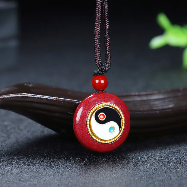 Buddha Stones Natural Cinnabar Bagua Design Braided String Blessing Necklace Pendant