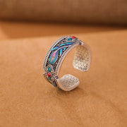 Buddha Stones 999 Sterling Silver Enamel Feather Design Adjustable Calm Ring Ring BS 999 Sterling Silver Blue Enamel(Inner Diameter 54mm-60mm)