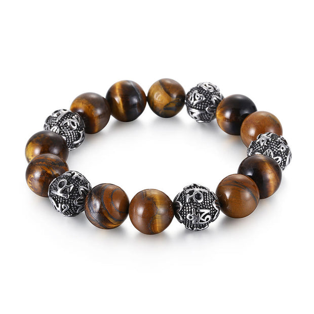 Buddha Stones Natural Lava Rock Tiger Eye Titanium Steel Six-True-Words Om Mani Padme Hum Healing Bracelet Bracelet BS 10