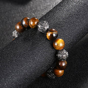 Buddha Stones Natural Lava Rock Tiger Eye Titanium Steel Six-True-Words Om Mani Padme Hum Healing Bracelet Bracelet BS 9