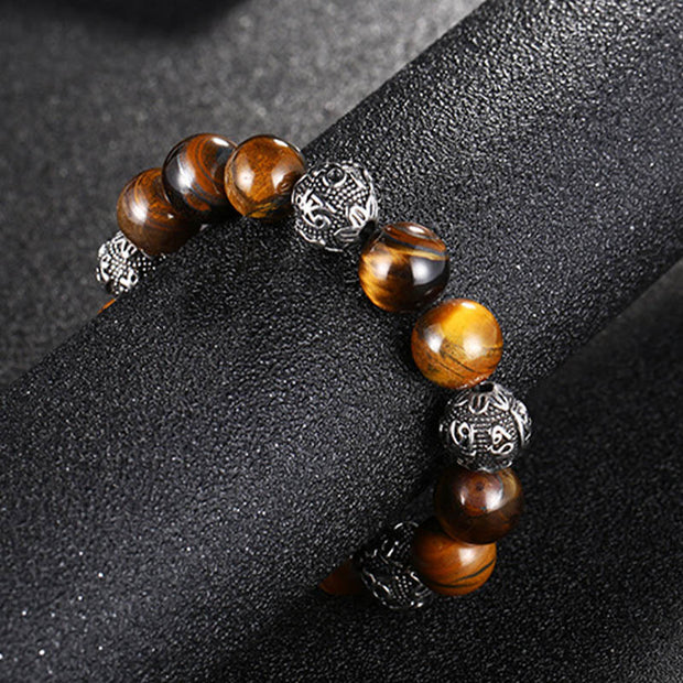 Buddha Stones Natural Lava Rock Tiger Eye Titanium Steel Six-True-Words Om Mani Padme Hum Healing Bracelet Bracelet BS 9