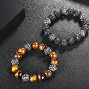 Buddha Stones Natural Lava Rock Tiger Eye Titanium Steel Six-True-Words Om Mani Padme Hum Healing Bracelet Bracelet BS 16