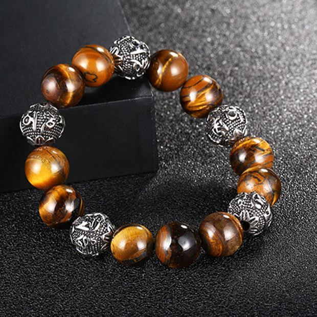 Buddha Stones Natural Lava Rock Tiger Eye Titanium Steel Six-True-Words Om Mani Padme Hum Healing Bracelet Bracelet BS Tiger Eye(Wrist Circumference: 17-21cm)