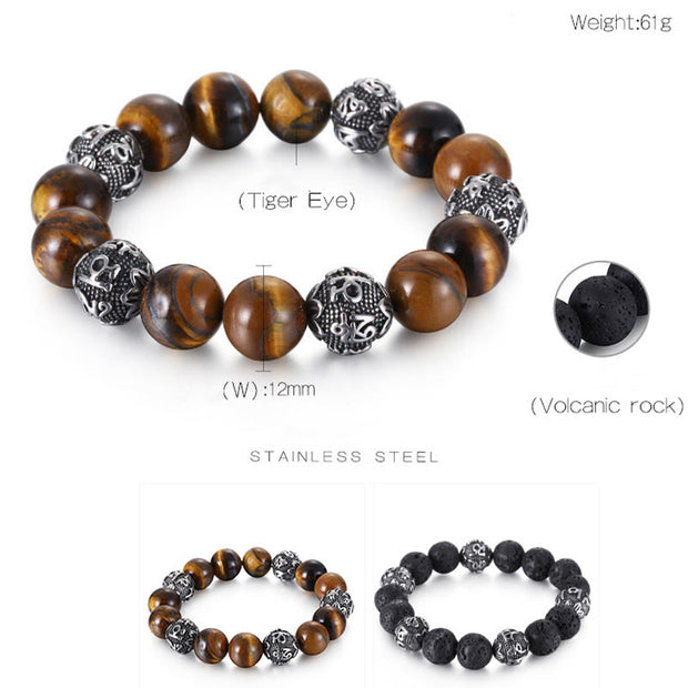 Buddha Stones Natural Lava Rock Tiger Eye Titanium Steel Six-True-Words Om Mani Padme Hum Healing Bracelet Bracelet BS 11