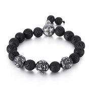 Buddha Stones Natural Tiger Eye Lava Rock Black Obsidian Titanium Steel Six-True-Words Om Mani Padme Hum Protection Bracelet