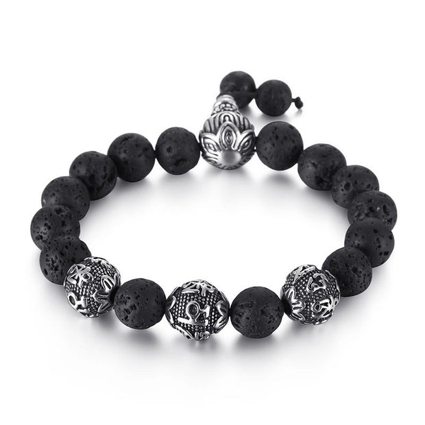 Buddha Stones Natural Tiger Eye Lava Rock Black Obsidian Titanium Steel Six-True-Words Om Mani Padme Hum Protection Bracelet Bracelet BS Lava Rock(Wrist Circumference: 17-21cm)