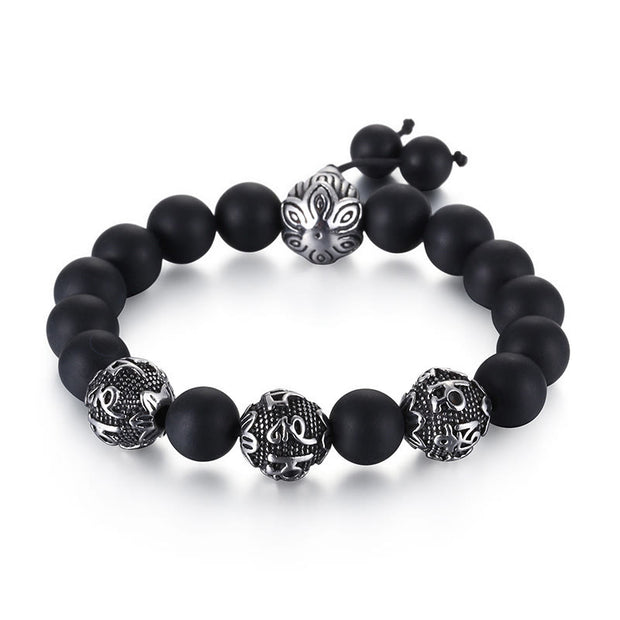 Buddha Stones Natural Tiger Eye Lava Rock Black Obsidian Titanium Steel Six-True-Words Om Mani Padme Hum Protection Bracelet Bracelet BS Black Obsidian(Wrist Circumference: 17-21cm)