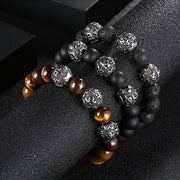 Buddha Stones Natural Tiger Eye Lava Rock Black Obsidian Titanium Steel Six-True-Words Om Mani Padme Hum Protection Bracelet