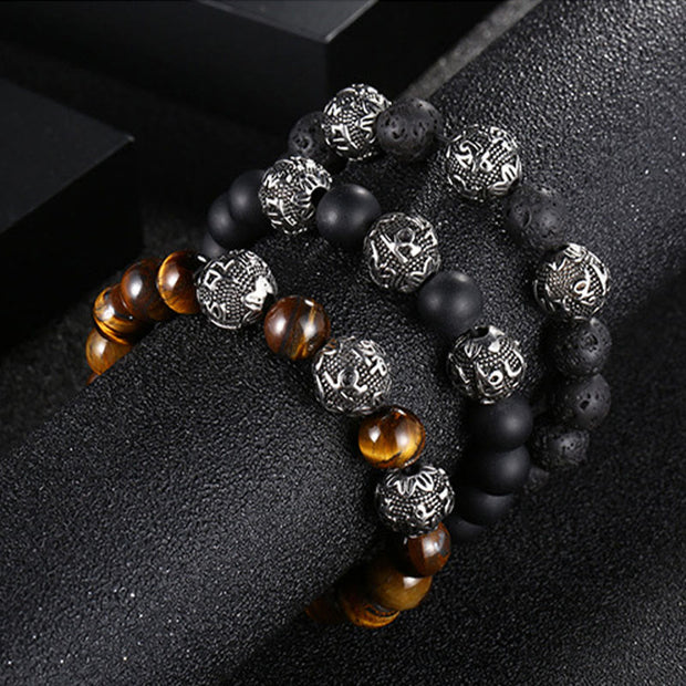 Buddha Stones Natural Tiger Eye Lava Rock Black Obsidian Titanium Steel Six-True-Words Om Mani Padme Hum Protection Bracelet