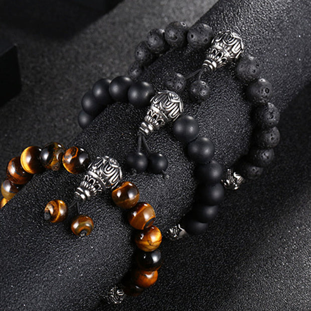 Buddha Stones Natural Tiger Eye Lava Rock Black Obsidian Titanium Steel Six-True-Words Om Mani Padme Hum Protection Bracelet Bracelet BS 19