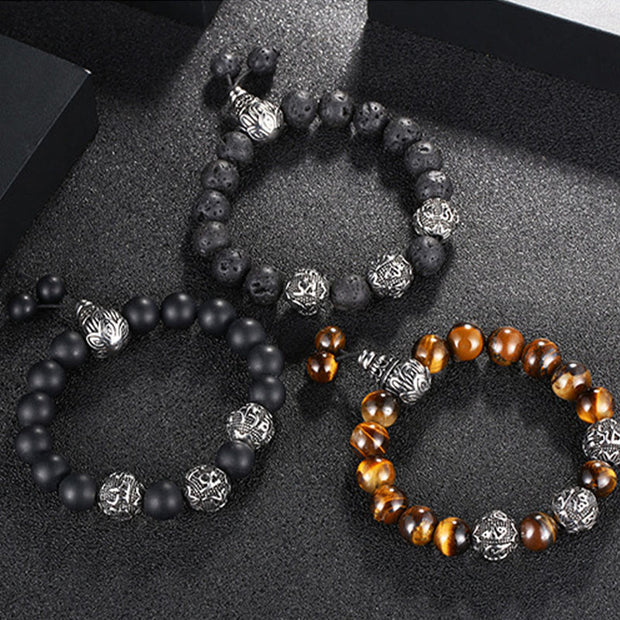 Buddha Stones Natural Tiger Eye Lava Rock Black Obsidian Titanium Steel Six-True-Words Om Mani Padme Hum Protection Bracelet Bracelet BS 20