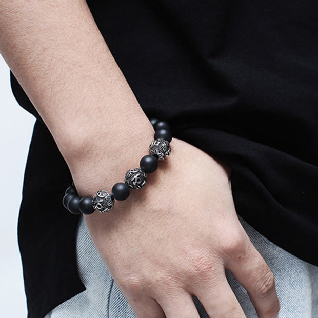 Buddha Stones Natural Tiger Eye Lava Rock Black Obsidian Titanium Steel Six-True-Words Om Mani Padme Hum Protection Bracelet Bracelet BS 15