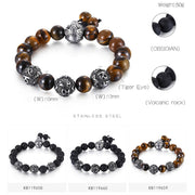 Buddha Stones Natural Tiger Eye Lava Rock Black Obsidian Titanium Steel Six-True-Words Om Mani Padme Hum Protection Bracelet