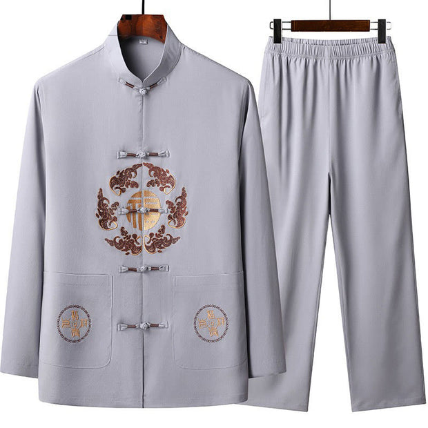 Buddha Stones Chinese New Year Embroidered Fu Tang Suit Hanfu Long Sleeve Top Pants Clothing Men's Set - Thistle - US/UK/AU44，EU54 (4XL) - image 2