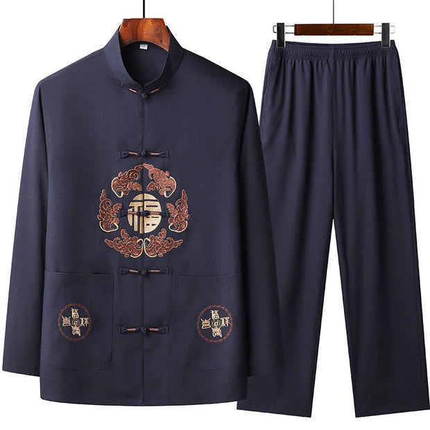 Buddha Stones Chinese New Year Embroidered Fu Tang Suit Hanfu Long Sleeve Top Pants Clothing Men's Set - MidnightBlue - US/UK/AU44，EU54 (4XL) - image 3