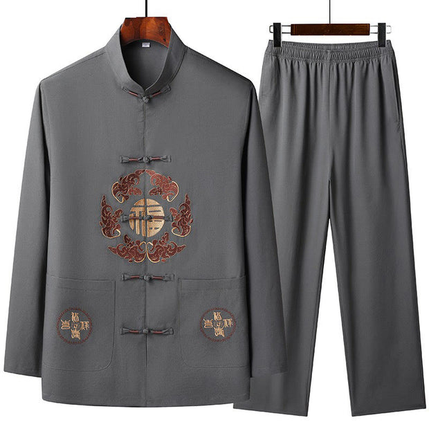 Buddha Stones Chinese New Year Embroidered Fu Tang Suit Hanfu Long Sleeve Top Pants Clothing Men's Set - DimGray - US/UK/AU44，EU54 (4XL) - image 5