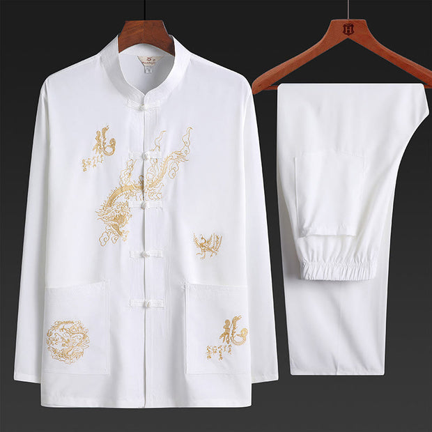 Buddha Stones Chinese New Year Embroidered Dragon Frog-button Tang Suit Hanfu Traditional Uniform Long Sleeve Top Pants Clothing Men's Set