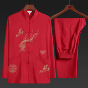 Buddha Stones Chinese New Year Embroidered Dragon Frog-button Tang Suit Hanfu Traditional Uniform Long Sleeve Top Pants Clothing Men's Set