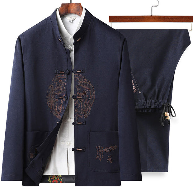 Buddha Stones Chinese New Year Embroidered Tang Suit Hanfu Traditional Uniform Long Sleeve Top Pants Clothing Men's Set