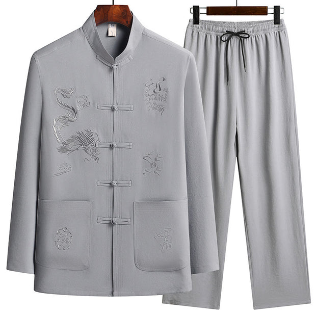 Buddha Stones Chinese New Year Embroidered Dragon Frog-button Tang Suit Hanfu Long Sleeve Top Pants Clothing Men's Set