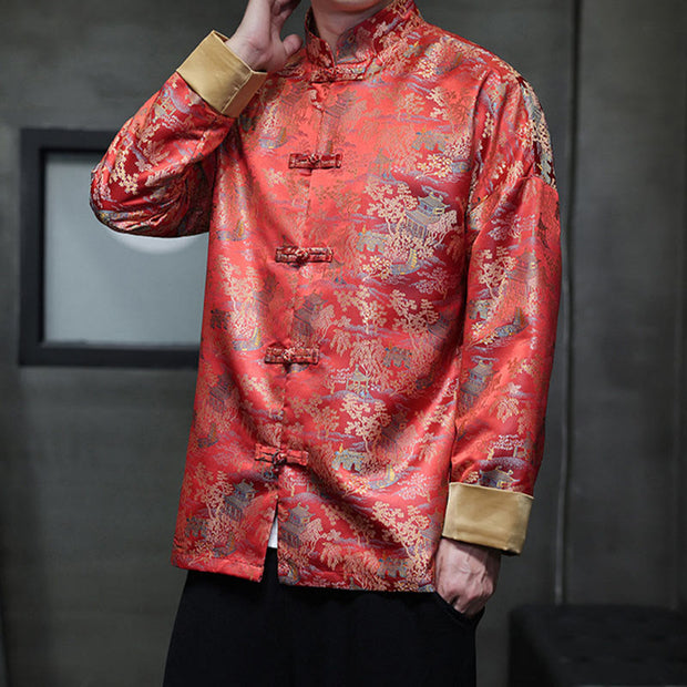 Buddha Stones Chinese New Year Clothes Jacquard Design Frog-button Tang Suit Men's Jacket Shirt