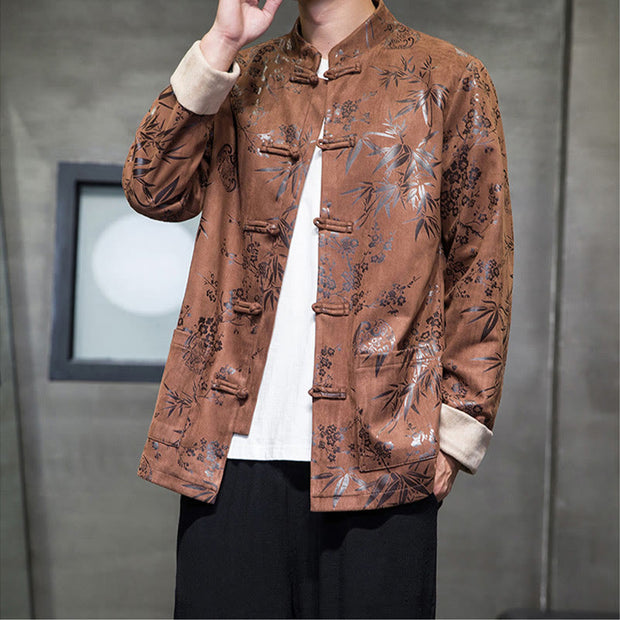 Buddha Stones Chinese New Year Clothes Flowers Bamboo Solid Color Cuff Frog-button Tang Suit Cotton Men's Jacket Shirt With Pockets