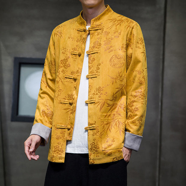 Buddha Stones Chinese New Year Clothes Flowers Bamboo Solid Color Cuff Frog-button Tang Suit Cotton Men's Jacket Shirt With Pockets Men's Jacket Shirt BS 2