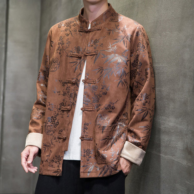 Buddha Stones Chinese New Year Clothes Flowers Bamboo Solid Color Cuff Frog-button Tang Suit Cotton Men's Jacket Shirt With Pockets Men's Jacket Shirt BS 18