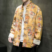 Buddha Stones Chinese New Year Clothes Ancient Figure Painting Solid Color Cuff Frog-button Tang Suit Cotton Men's Jacket Shirt With Pockets Men's Jacket Shirt BS 11