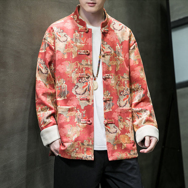 Buddha Stones Chinese New Year Clothes Ancient Figure Painting Solid Color Cuff Frog-button Tang Suit Cotton Men's Jacket Shirt With Pockets Men's Jacket Shirt BS 5