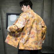 Buddha Stones Chinese New Year Clothes Ancient Figure Painting Solid Color Cuff Frog-button Tang Suit Cotton Men's Jacket Shirt With Pockets