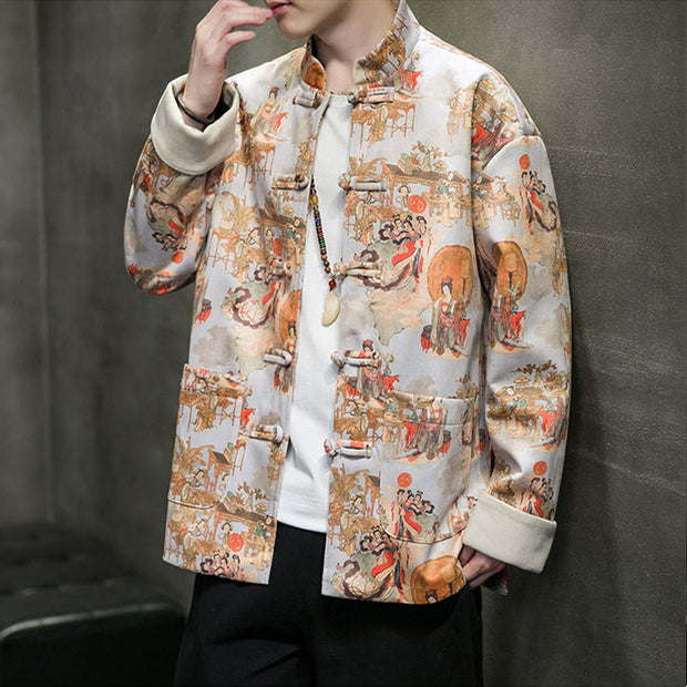 Buddha Stones Chinese New Year Clothes Ancient Figure Painting Solid Color Cuff Frog-button Tang Suit Cotton Men's Jacket Shirt With Pockets Men's Jacket Shirt BS 22