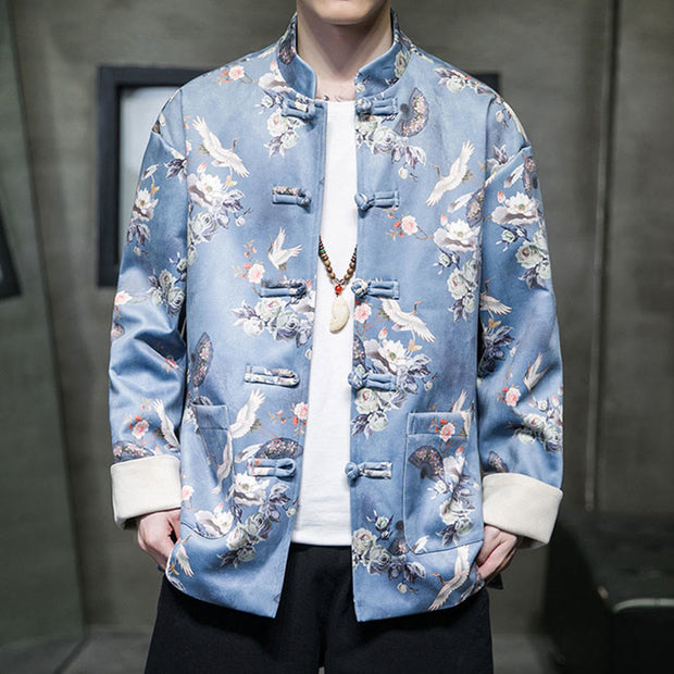 Buddha Stones Chinese New Year Clothes Flowers Fan Birds Frog-button Tang Suit Cotton Men's Jacket Shirt With Pockets