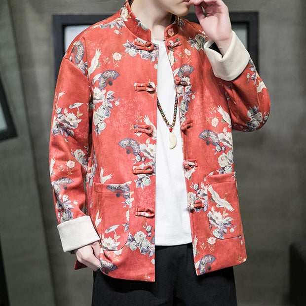 Buddha Stones Chinese New Year Clothes Flowers Fan Birds Frog-button Tang Suit Cotton Men's Jacket Shirt With Pockets Men's Jacket Shirt BS 7