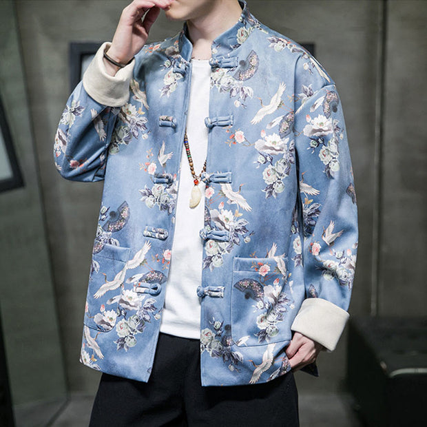 Buddha Stones Chinese New Year Clothes Flowers Fan Birds Frog-button Tang Suit Cotton Men's Jacket Shirt With Pockets Men's Jacket Shirt BS 9