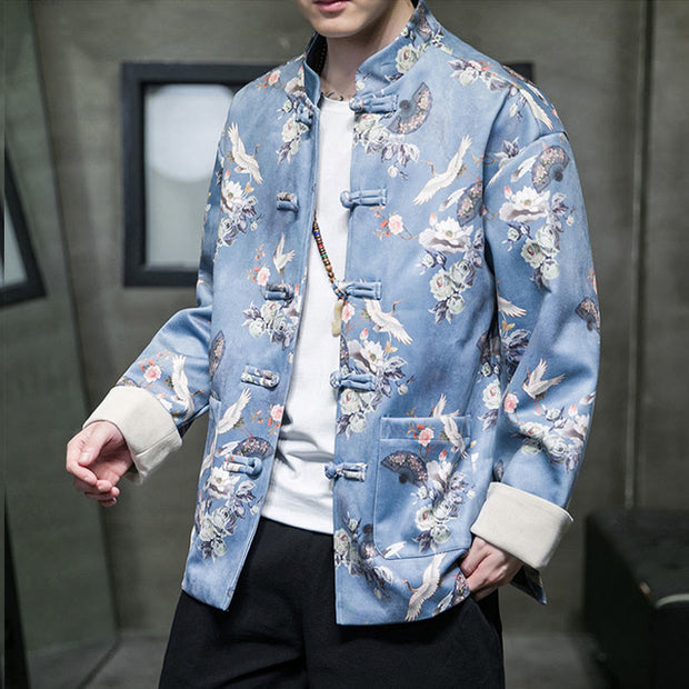 Buddha Stones Chinese New Year Clothes Flowers Fan Birds Frog-button Tang Suit Cotton Men's Jacket Shirt With Pockets