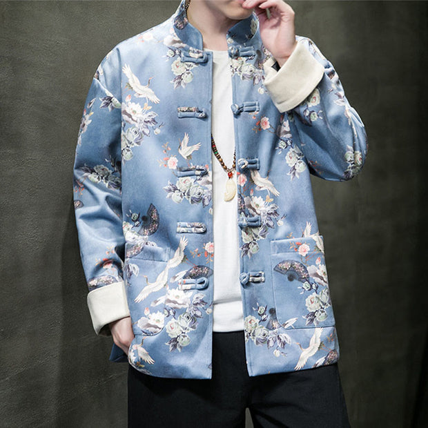 Buddha Stones Chinese New Year Clothes Flowers Fan Birds Frog-button Tang Suit Cotton Men's Jacket Shirt With Pockets Men's Jacket Shirt BS 13