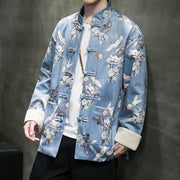 Buddha Stones Chinese New Year Clothes Flowers Fan Birds Frog-button Tang Suit Cotton Men's Jacket Shirt With Pockets