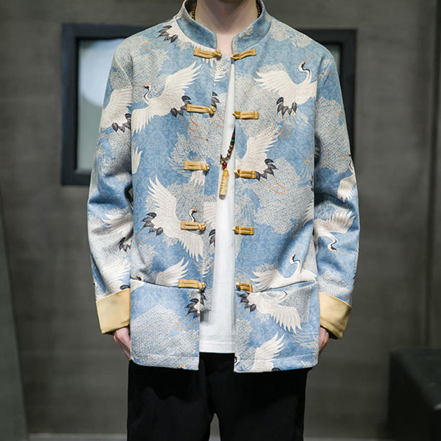 Buddha Stones Chinese New Year Clothes White Crane Gold Frog-button Tang Suit Cotton Men's Jacket Shirt With Pockets Men's Jacket Shirt BS 5