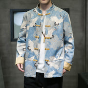 Buddha Stones Chinese New Year Clothes White Crane Gold Frog-button Tang Suit Cotton Men's Jacket Shirt With Pockets