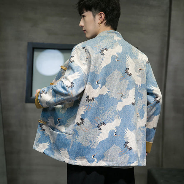 Buddha Stones Chinese New Year Clothes White Crane Gold Frog-button Tang Suit Cotton Men's Jacket Shirt With Pockets