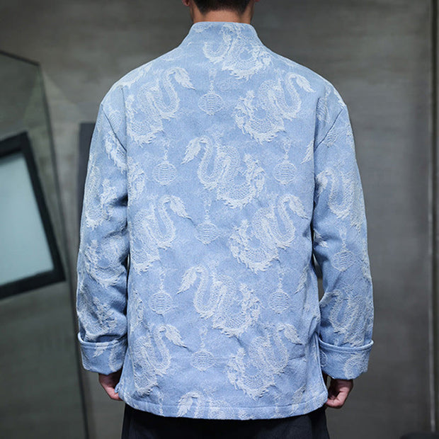 Buddha Stones Chinese New Year Jacquard Embroidery Dragon Lantern Frog-button Tang Suit Cotton Men's Jacket Shirt With Pockets Men's Jacket Shirt BS 11