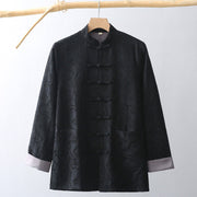 Buddha Stones Chinese New Year Jacquard Embroidery Solid Color Cuff Frog-button Tang Suit Cotton Men's Jacket Shirt With Pockets Men's Jacket Shirt BS Black US/UK/AU44，EU54 (4XL)