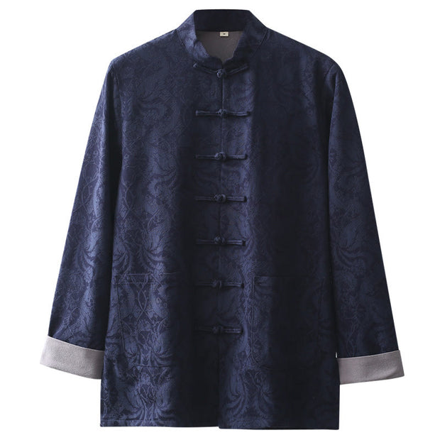 Buddha Stones Chinese New Year Jacquard Embroidery Solid Color Cuff Frog-button Tang Suit Cotton Men's Jacket Shirt With Pockets Men's Jacket Shirt BS 9