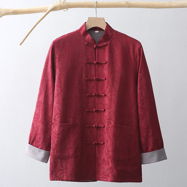 Buddha Stones Chinese New Year Jacquard Embroidery Solid Color Cuff Frog-button Tang Suit Cotton Men's Jacket Shirt With Pockets Men's Jacket Shirt BS Crimson US/UK/AU44，EU54 (4XL)